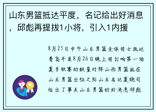 山东男篮抵达平度，名记给出好消息，邱彪再提拔1小将，引入1内援